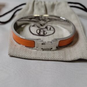 Hermes Orange and Silver H Enamel Cuff Bracelet